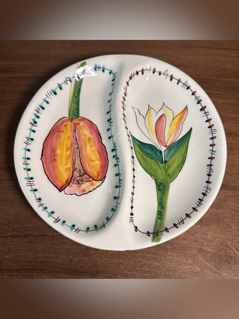 Ceramic  Platter Tulip Floral Design Made Italy Divided Plate 8”